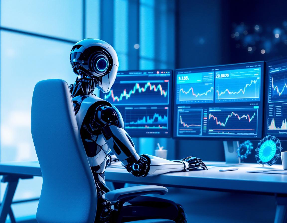 A hyper-realistic AI trading bot at a sleek workstation analyzing market data on multiple screens.