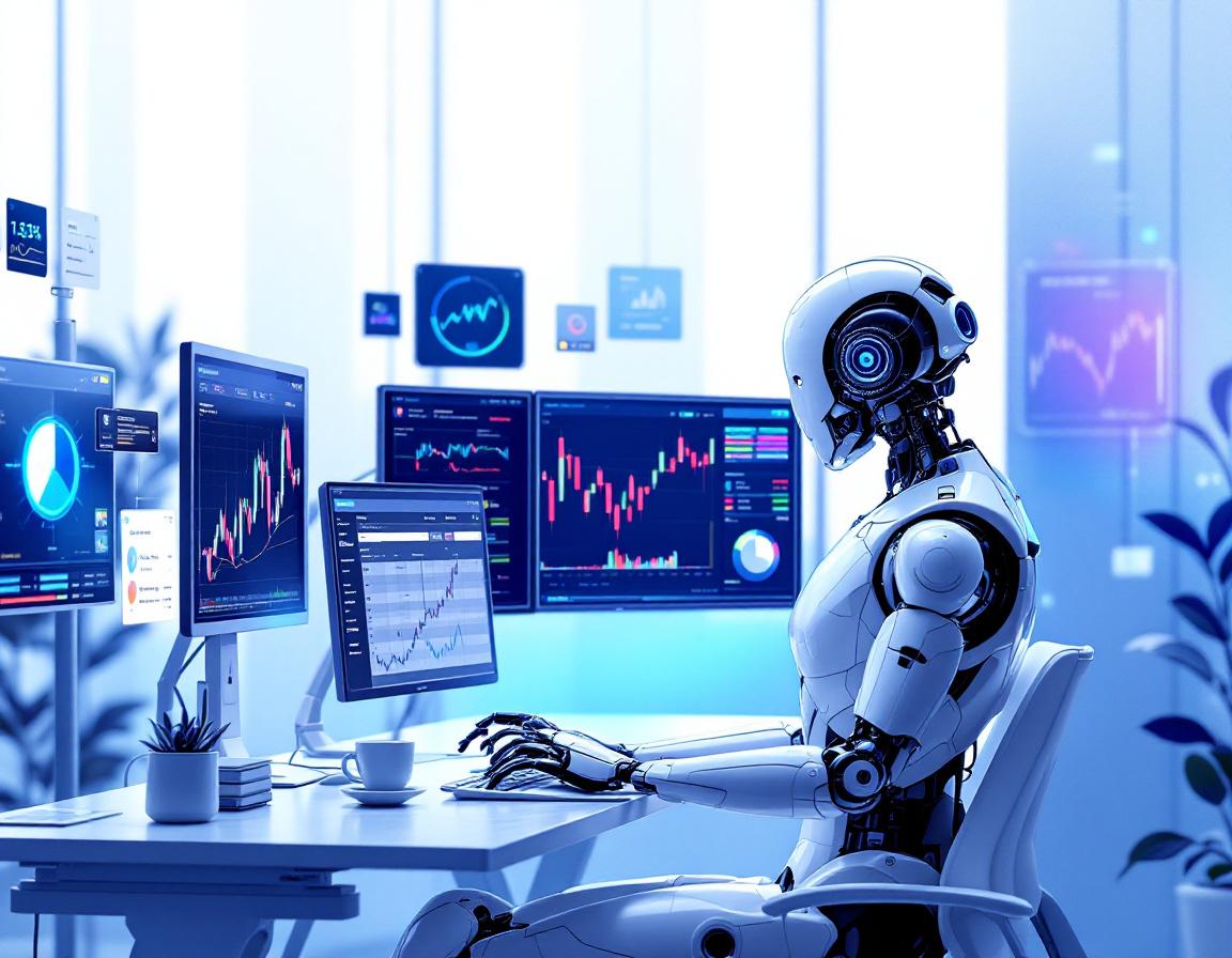 Hyper-realistic AI trading bot at workstation analyzing data on screens in futuristic environment.