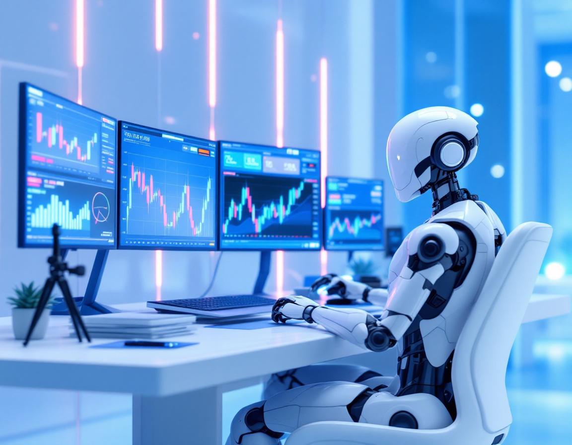 A hyper-realistic AI trading bot at a futuristic workstation analyzing stock and crypto market data.
