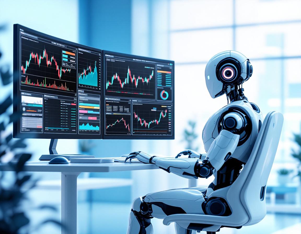 A hyper-realistic AI trading bot at a high-tech workstation analyzing market data across screens.