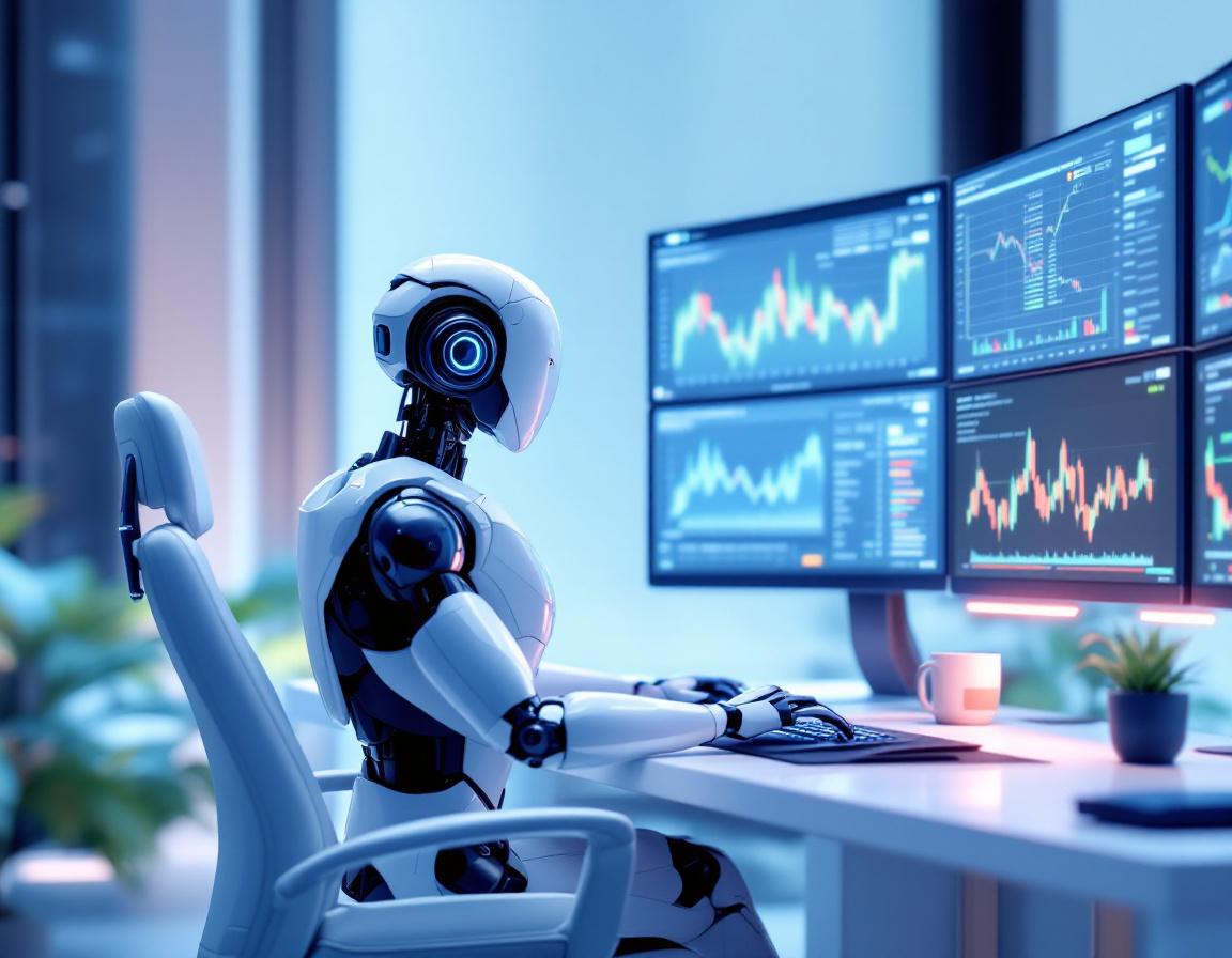 A humanoid AI trading bot at a high-tech workstation analyzes market data on multiple screens.