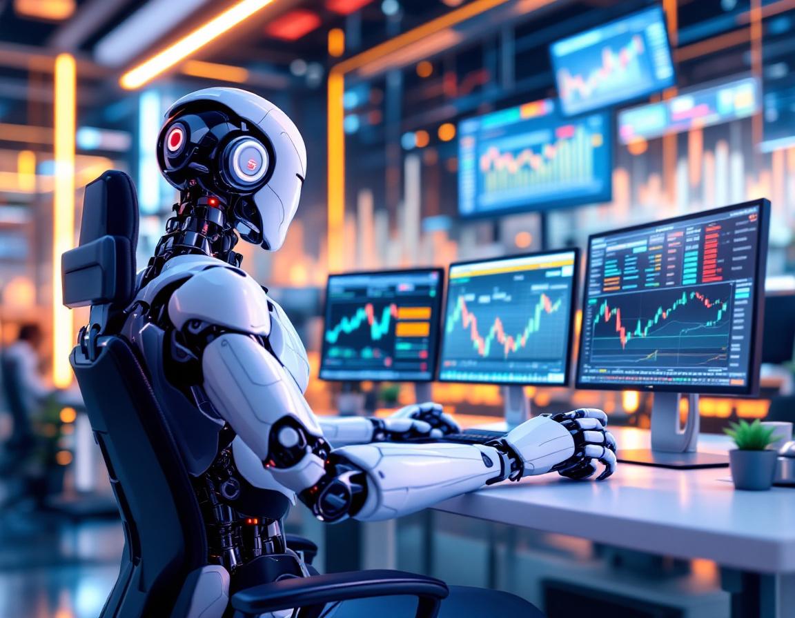 A hyper-realistic AI trading bot analyzes market data at a sleek workstation with dynamic screens.