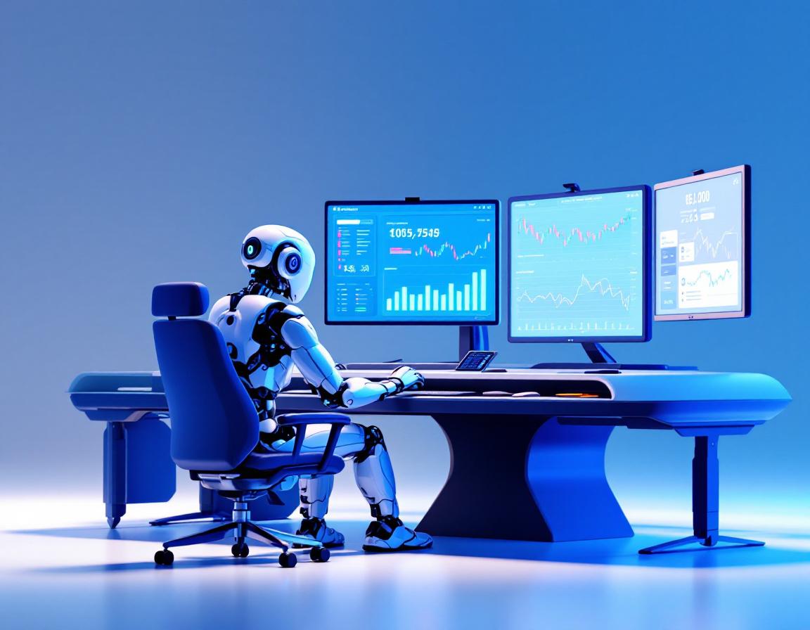 A humanoid AI trading bot at a high-tech workstation, analyzing market data on multiple screens.