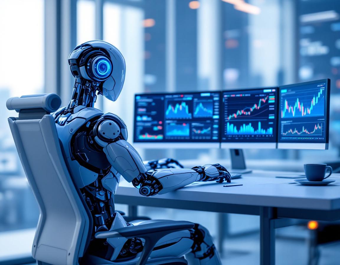 A hyper-realistic AI trading bot at a sleek workstation, analyzing market data on multiple screens.