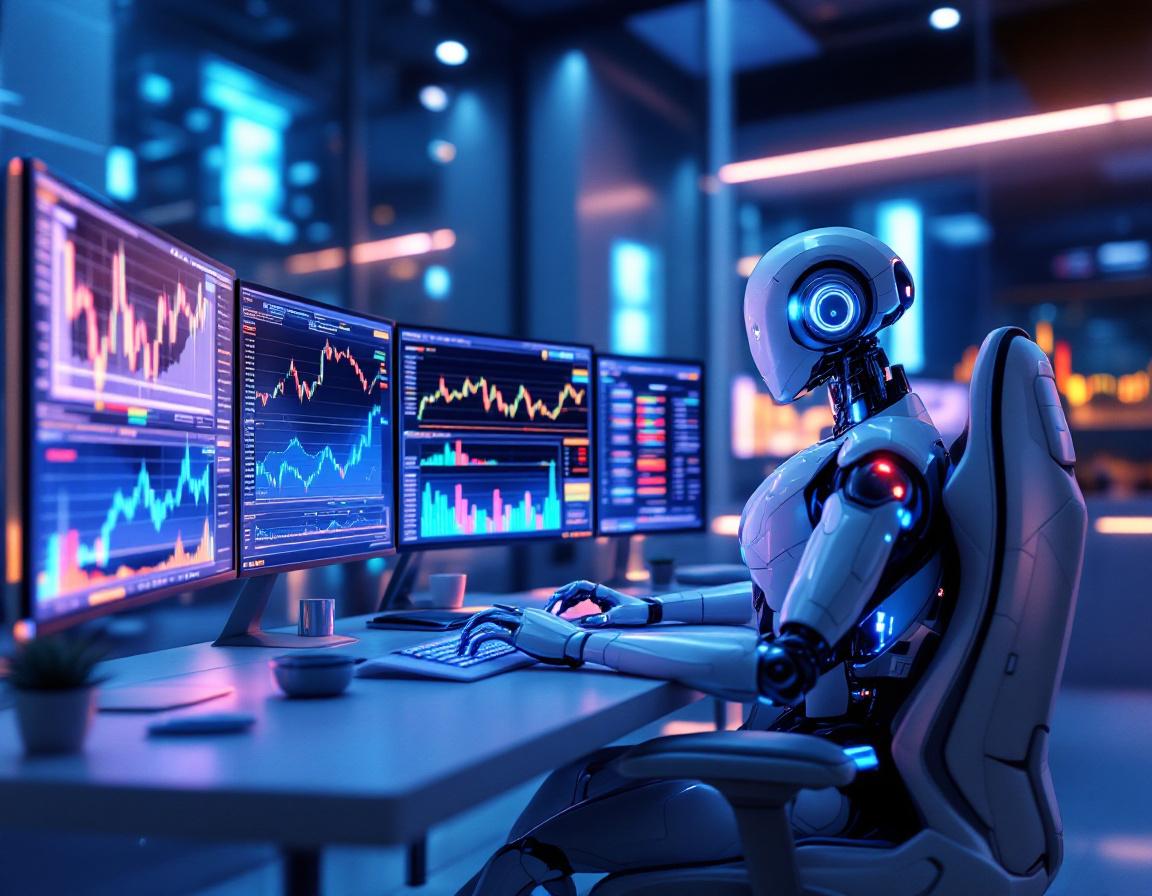 A humanoid AI trading bot at a high-tech workstation, analyzing market data on multiple screens.