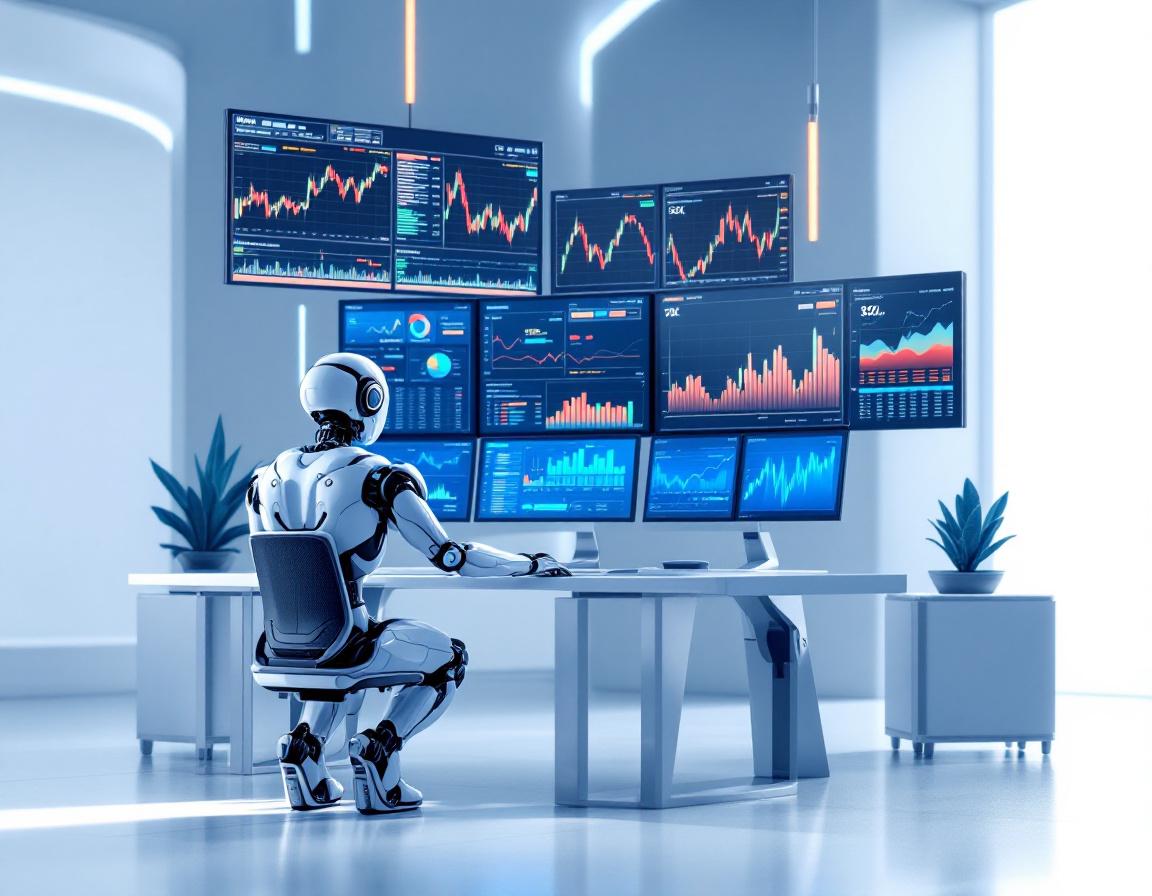 A hyper-realistic AI trading bot at a workstation, analyzing market data on multiple screens in 3D.