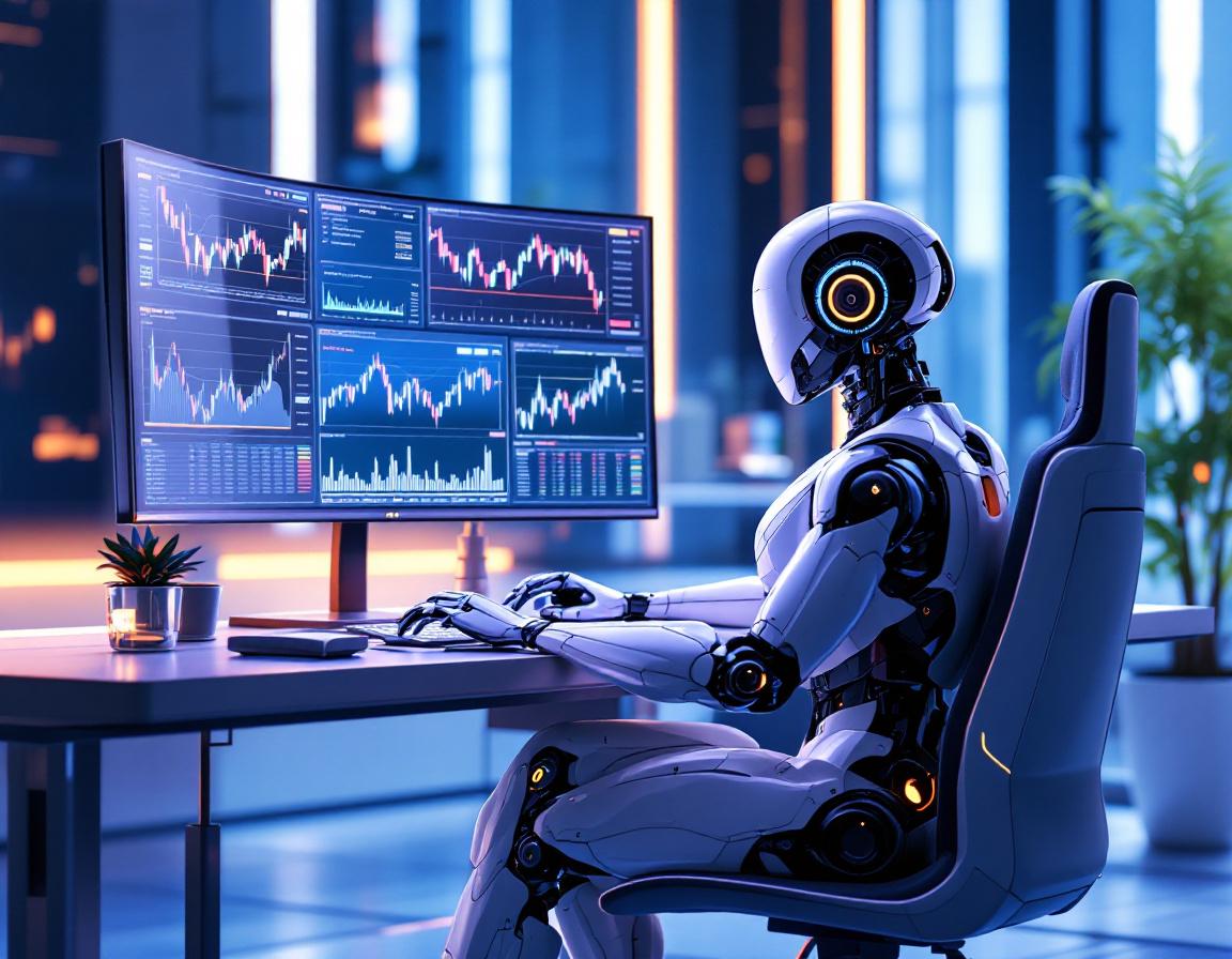 A sleek humanoid AI trading bot analyzes real-time stock and crypto data in a high-tech workstation.