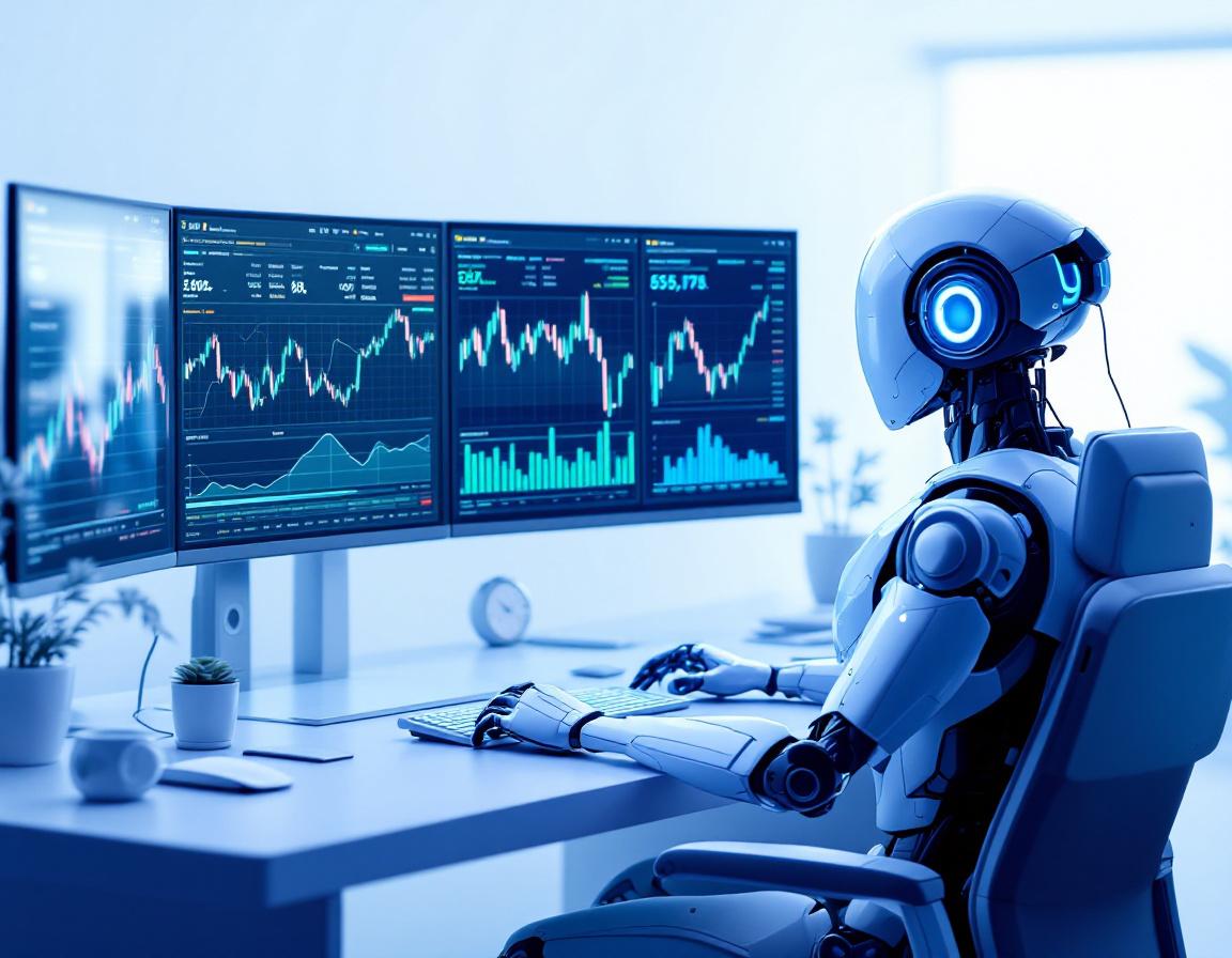 A hyper-realistic AI trading bot works at a sleek workstation, analyzing market data and trends.