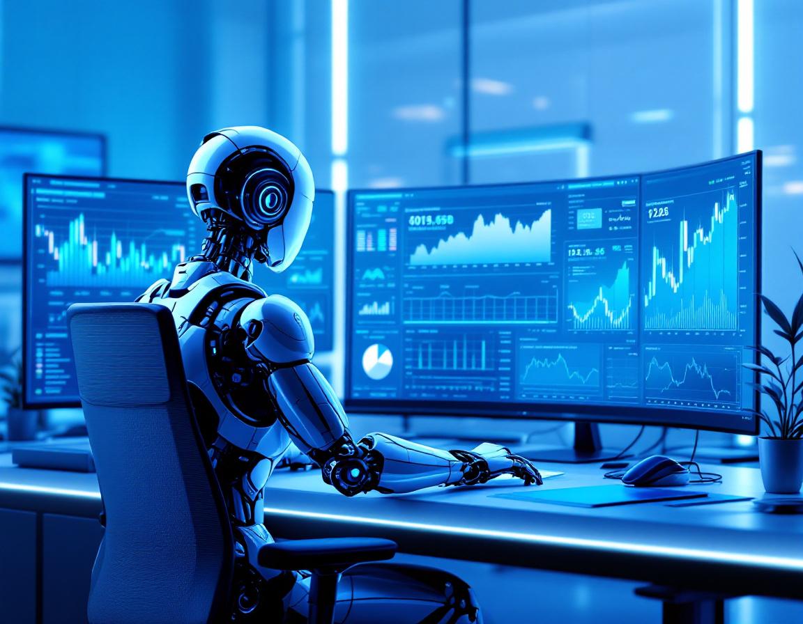 A hyper-realistic AI trading bot at a high-tech workstation analyzing stock and crypto market data.