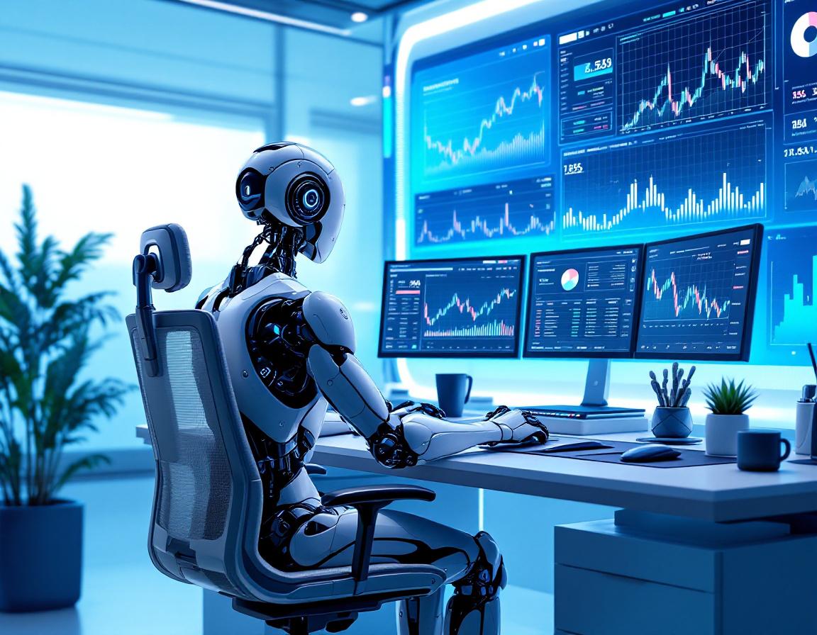 A hyper-realistic AI trading bot analyzes market data at a high-tech workstation, glowing softly.