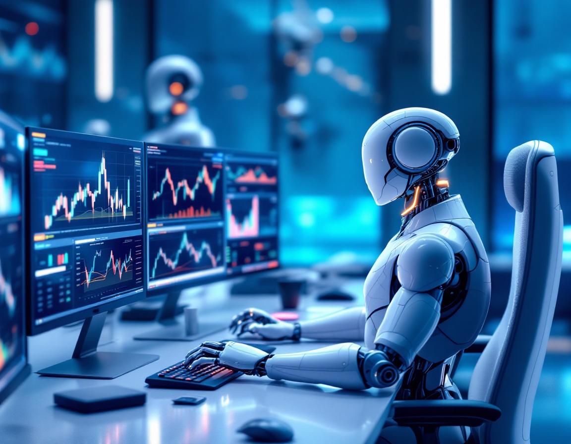 A humanoid AI trading bot analyzes market data at a high-tech workstation with glowing screens.