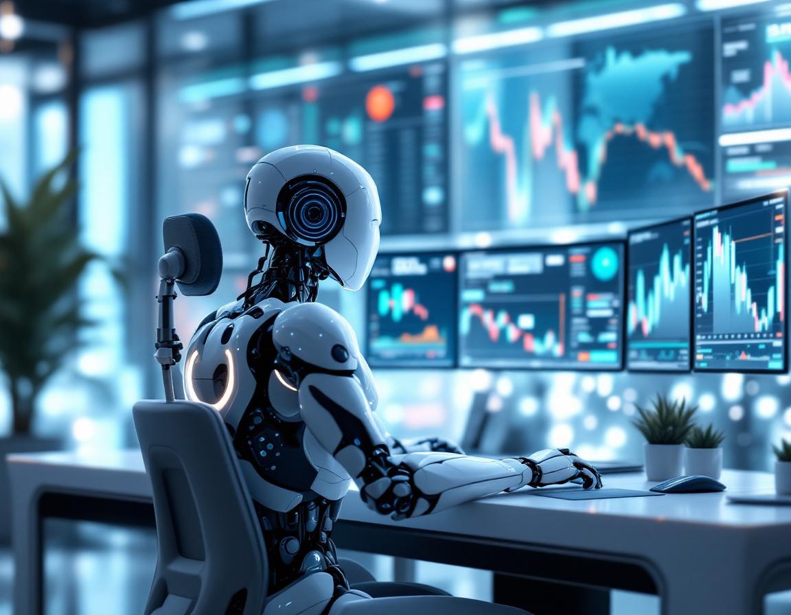 A humanoid AI trading bot analyzes market data at a high-tech workstation with glowing screens.