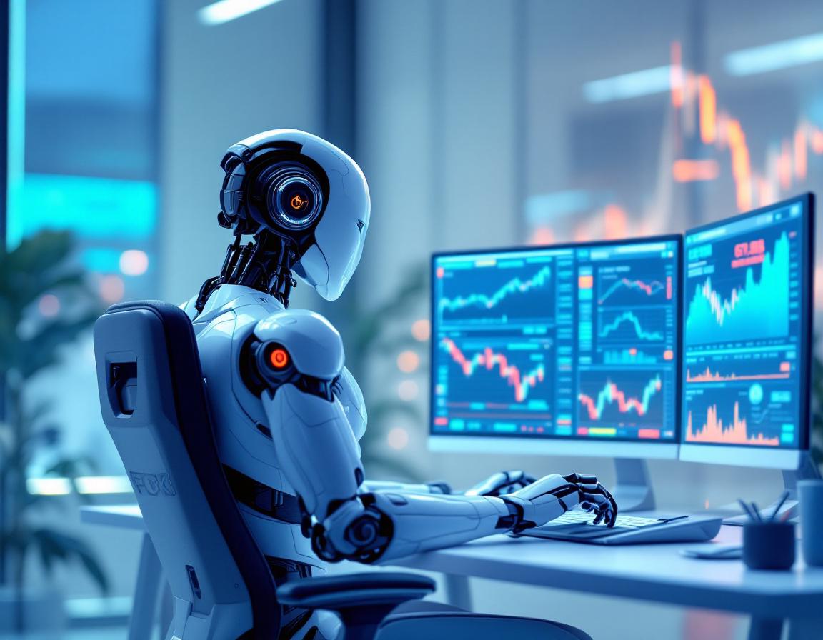 A realistic AI trading bot at a high-tech workstation analyzing market data on multiple screens.