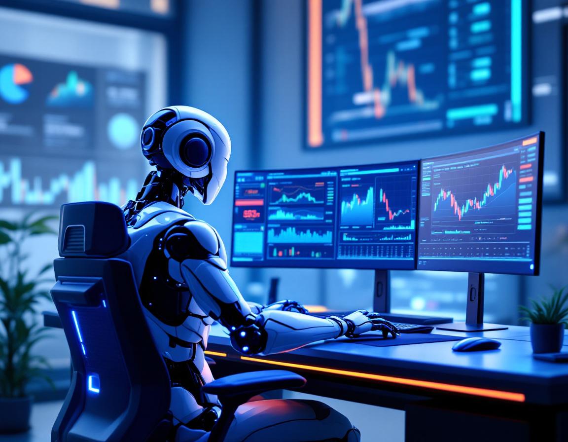 A hyper-realistic AI trading bot analyzing market data in a futuristic financial trading setup.