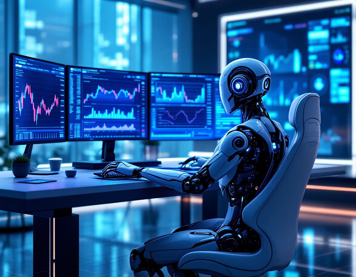 A humanoid AI trading bot analyzes market data at a futuristic workstation with multiple screens.