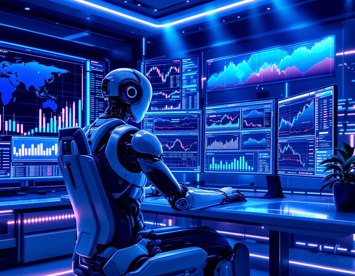 A humanoid AI trading bot at a high-tech workstation analyzing market data with glowing screens.