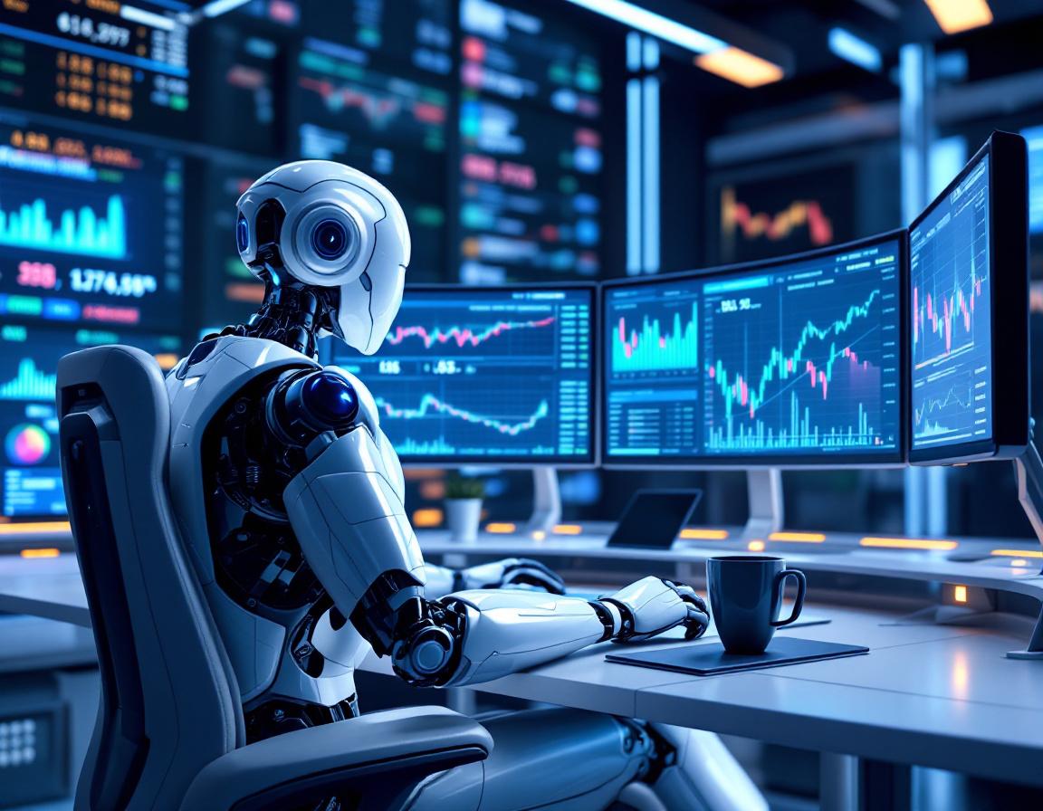 Hyper-realistic AI trading bot at workstation, analyzing market data with screens of stock charts.