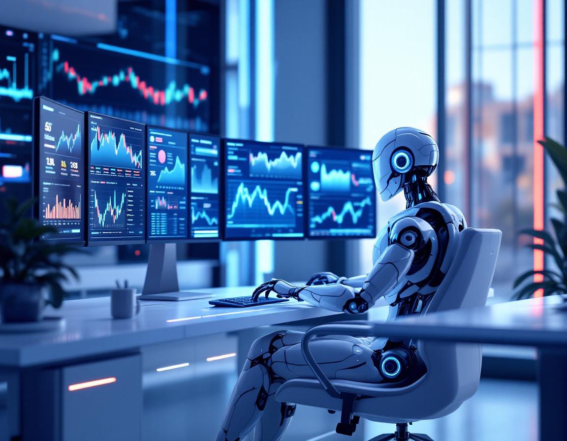 A humanoid AI trading bot at a workstation analyzing market data with multiple finance screens.