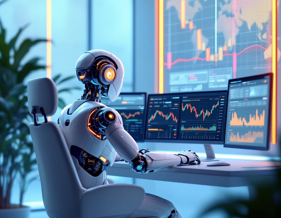 A hyper-realistic AI trading bot at a sleek workstation, analyzing market data on multiple screens.