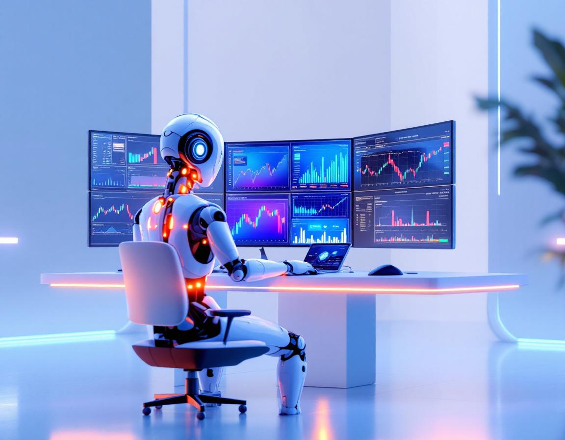 A humanoid AI trading bot at a high-tech workstation, analyzing market data on multiple screens.