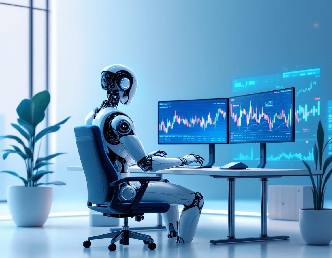 Hyper-realistic AI trading bot at workstation, analyzing crypto and stock data on multiple screens.
