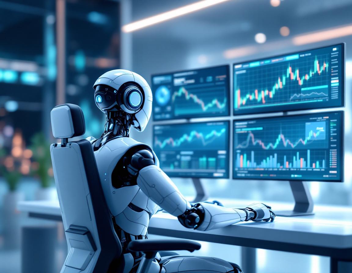 A humanoid AI trading bot at a high-tech workstation analyzing market data across multiple screens.