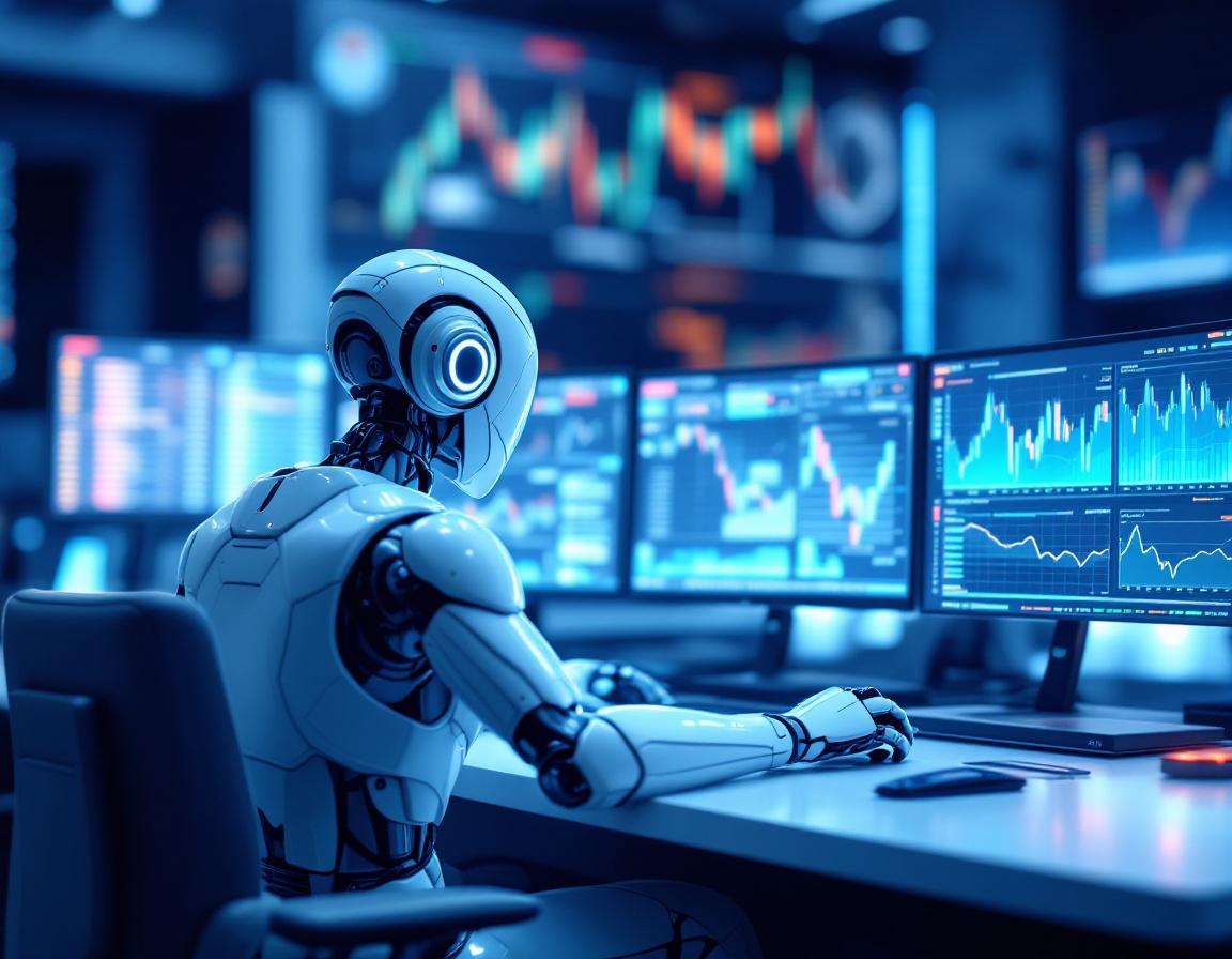 Hyper-realistic AI trading bot in a high-tech environment analyzing market data on multiple screens.