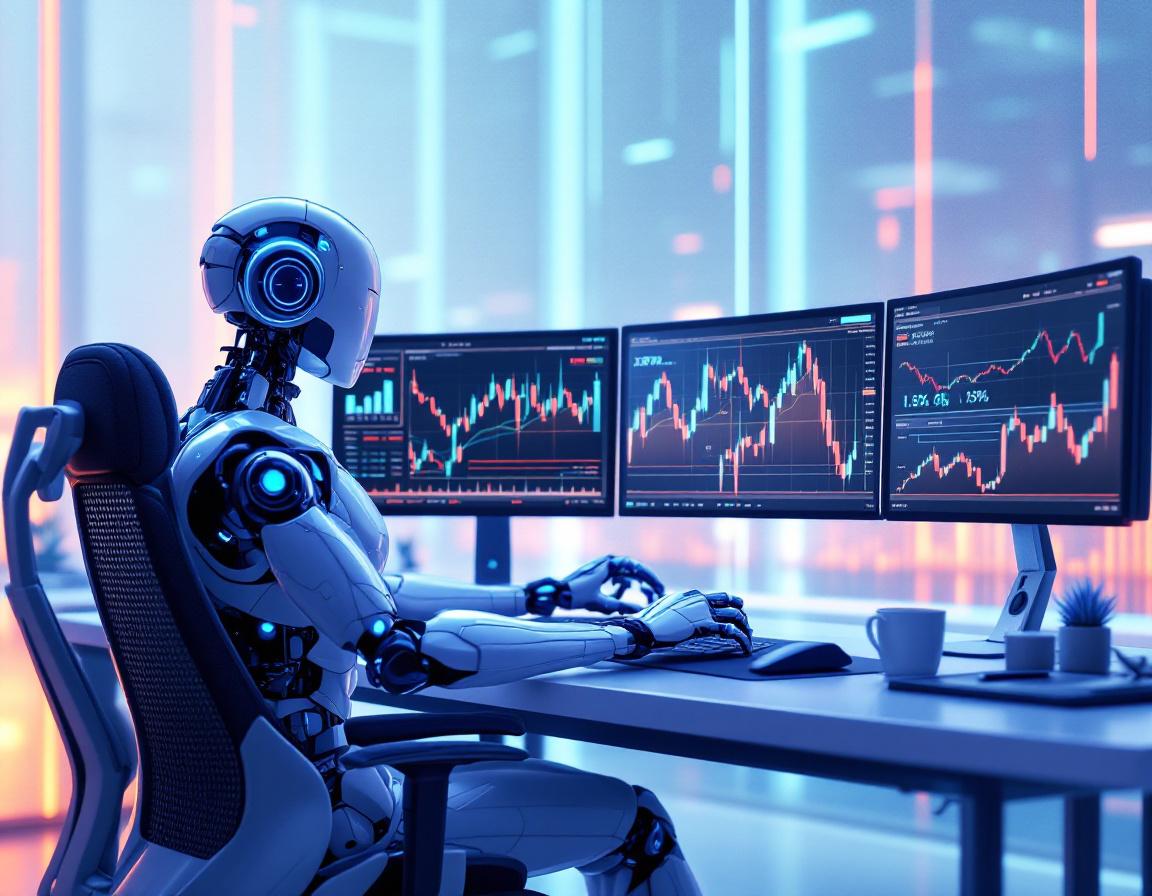 A hyper-realistic AI trading bot at a workstation analyzing markets across multiple screens.