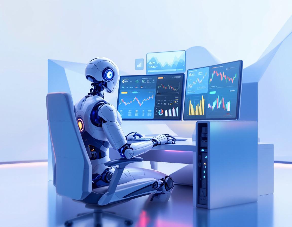 A hyper-realistic AI trading bot seated at a workstation, analyzing data on multiple market screens.