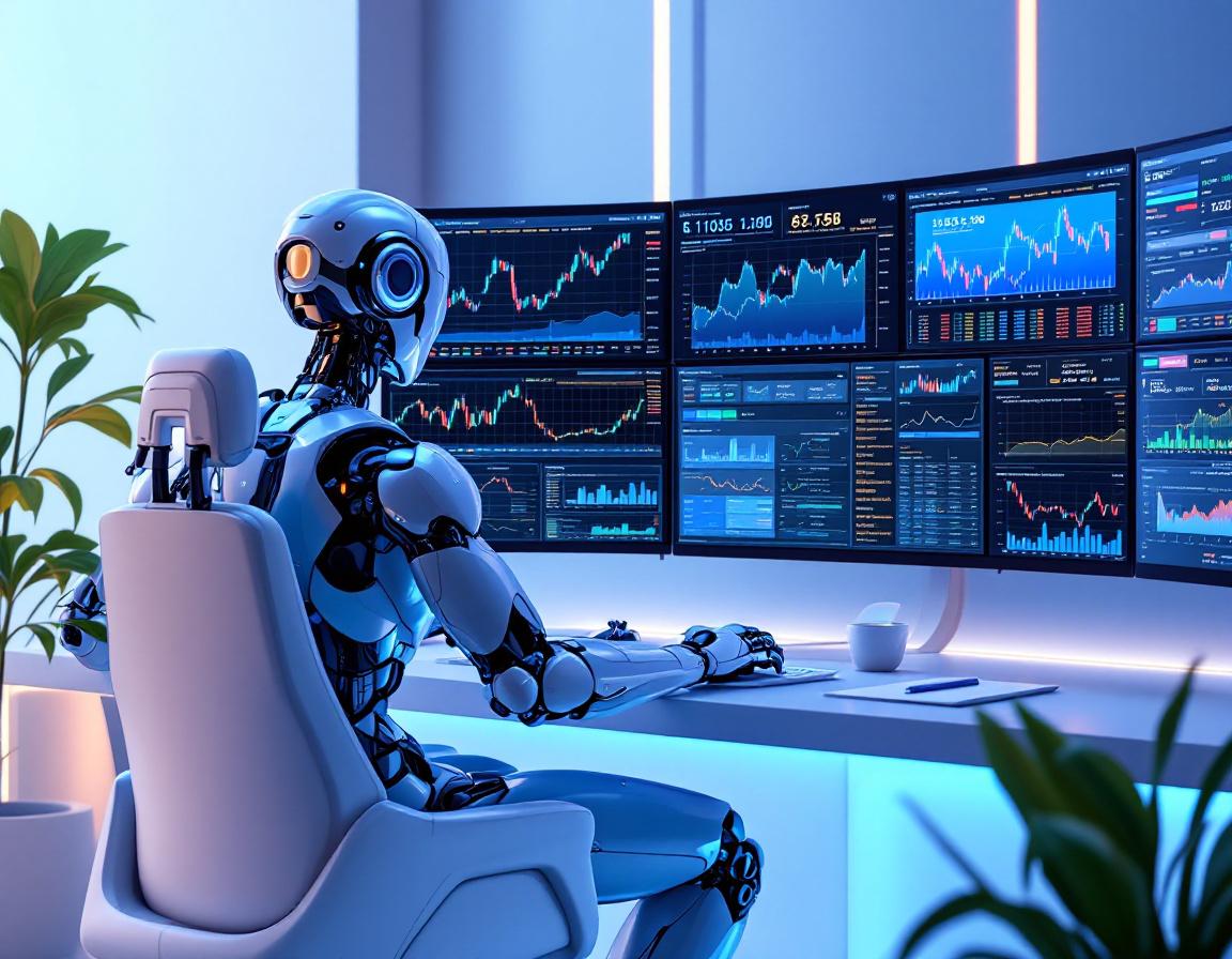 A hyper-realistic AI trading bot at a sleek workstation analyzing market data on multiple screens.