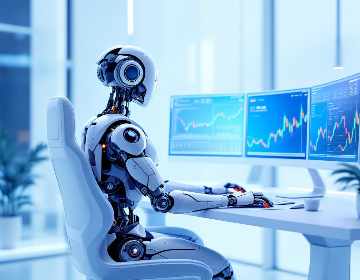 A humanoid AI trading bot analyzes market data at a futuristic workstation with multiple screens.