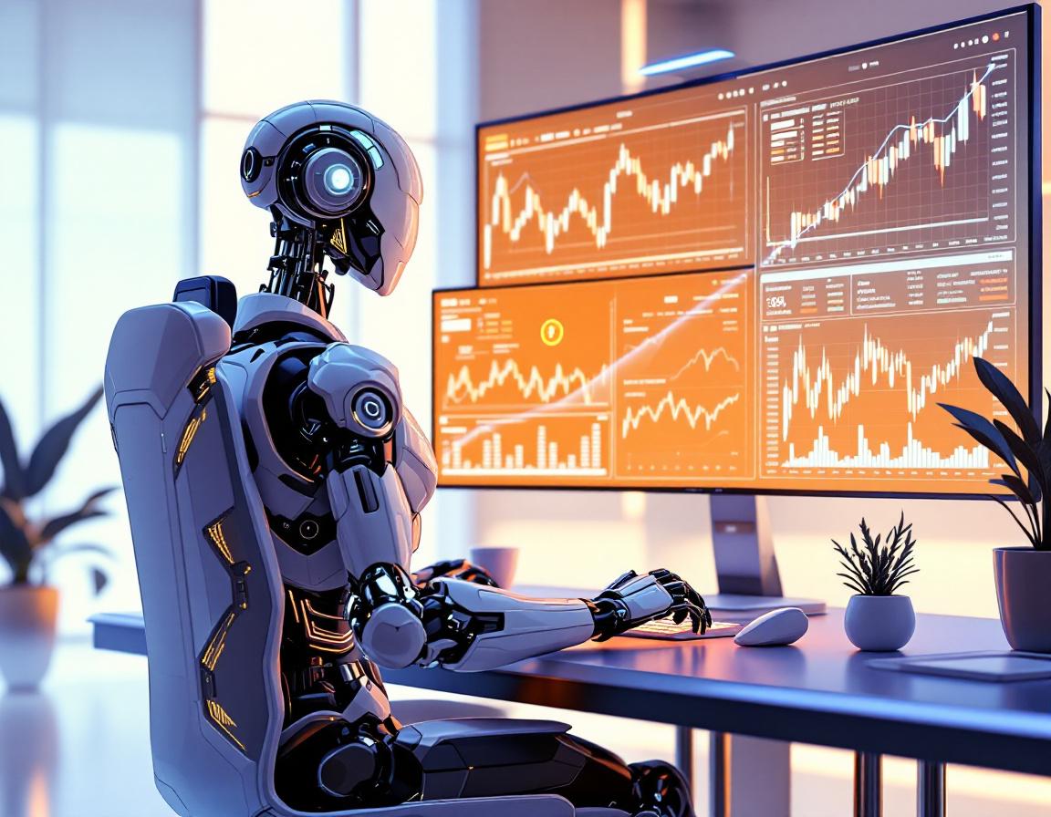 A hyper-realistic AI trading bot at a high-tech workstation analyzing stock and crypto market data.