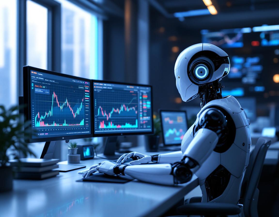 A hyper-realistic AI trading bot at a workstation, analyzing market data amidst futuristic screens.
