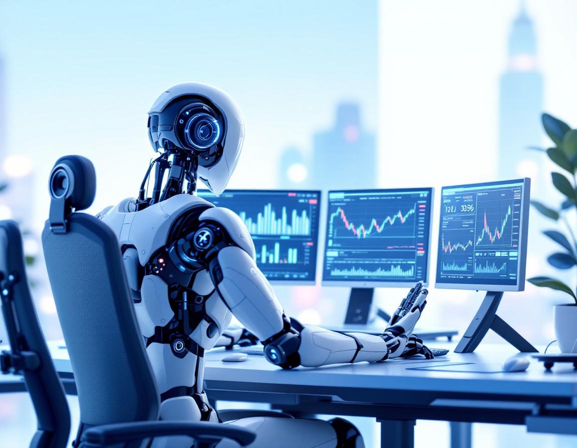 A humanoid AI trading bot analyzes market data at a high-tech workstation with multiple screens.