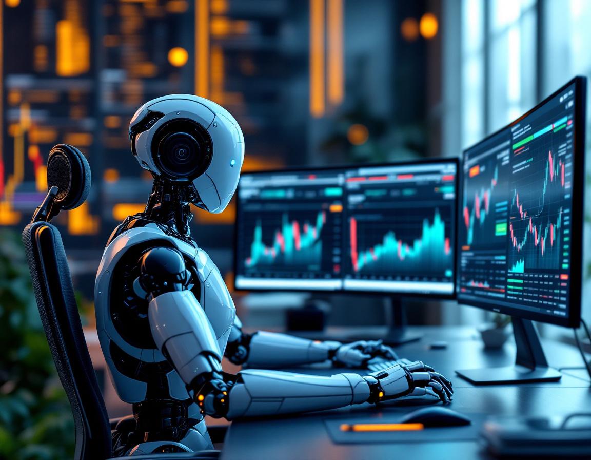 A humanoid AI trading bot analyzes market data at a high-tech workstation with multiple screens.
