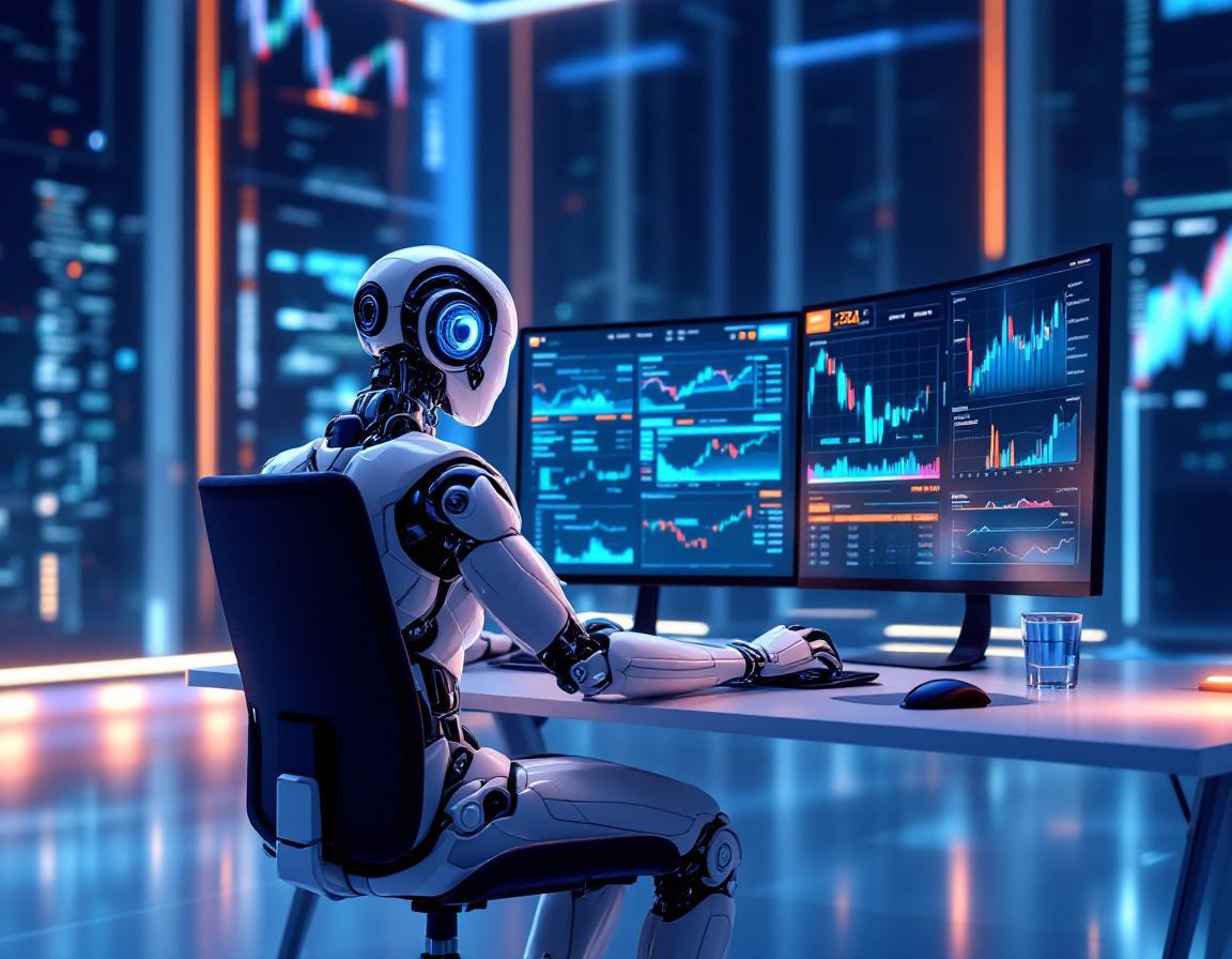 A humanoid AI trading bot analyzes data at a high-tech workstation with multiple market screens.