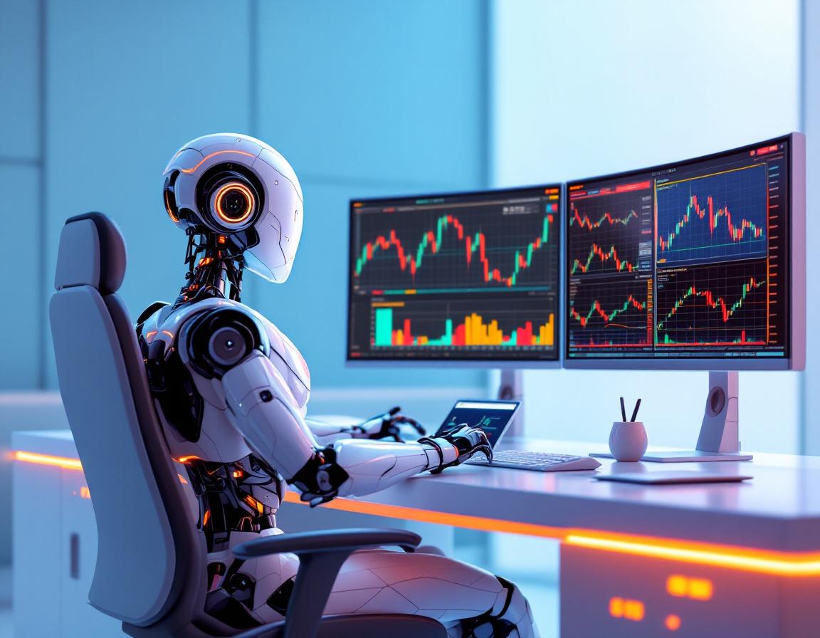 A hyper-realistic AI trading bot in a high-tech workspace analyzing data on multiple screens.
