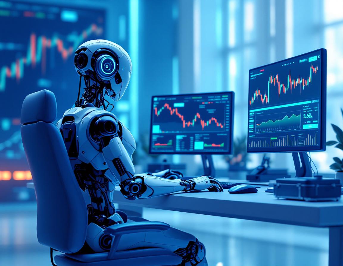 A hyper-realistic AI trading bot at a high-tech workstation, analyzing data in a futuristic setting.