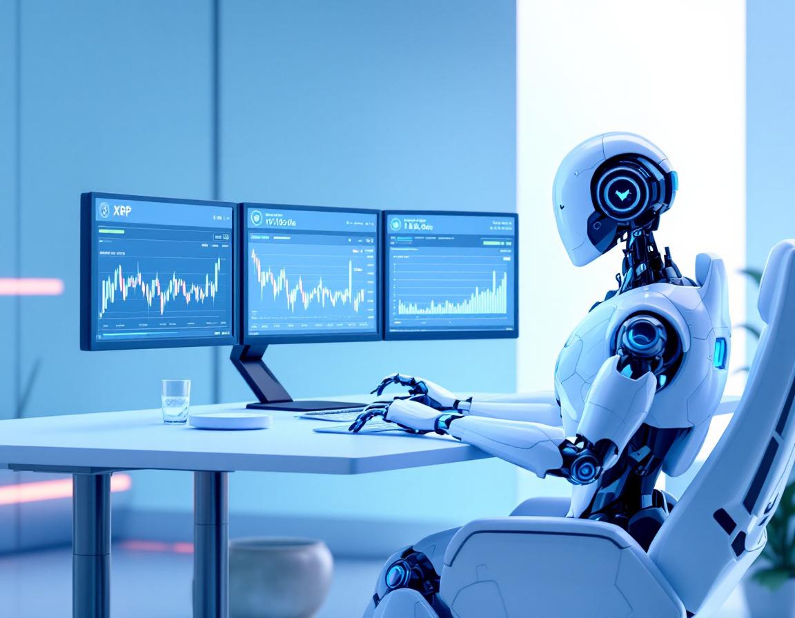 A humanoid AI trading bot at a workstation, analyzing market data on multiple dynamic screens.