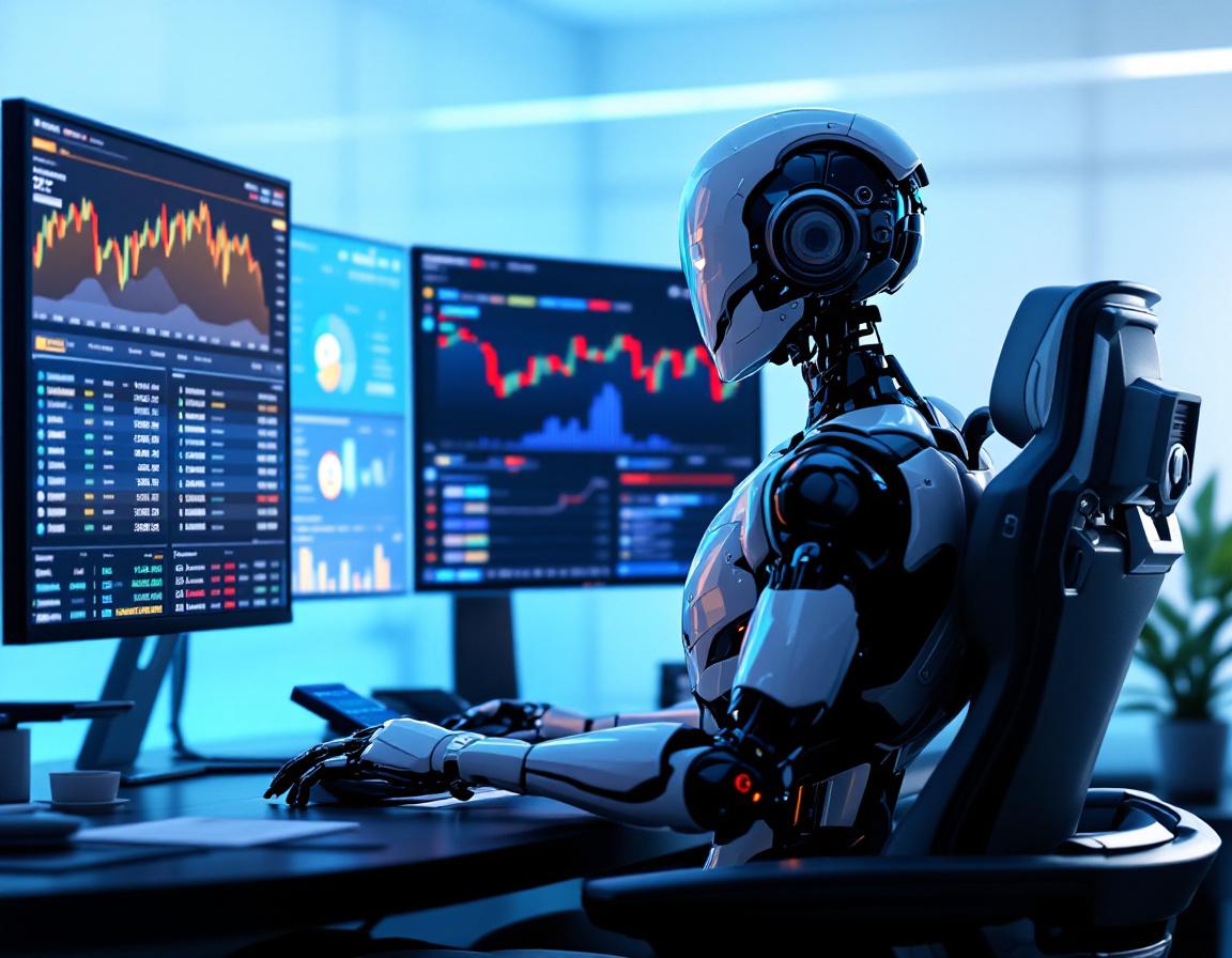 A humanoid AI trading bot at a high-tech workstation analyzing market data on multiple screens.