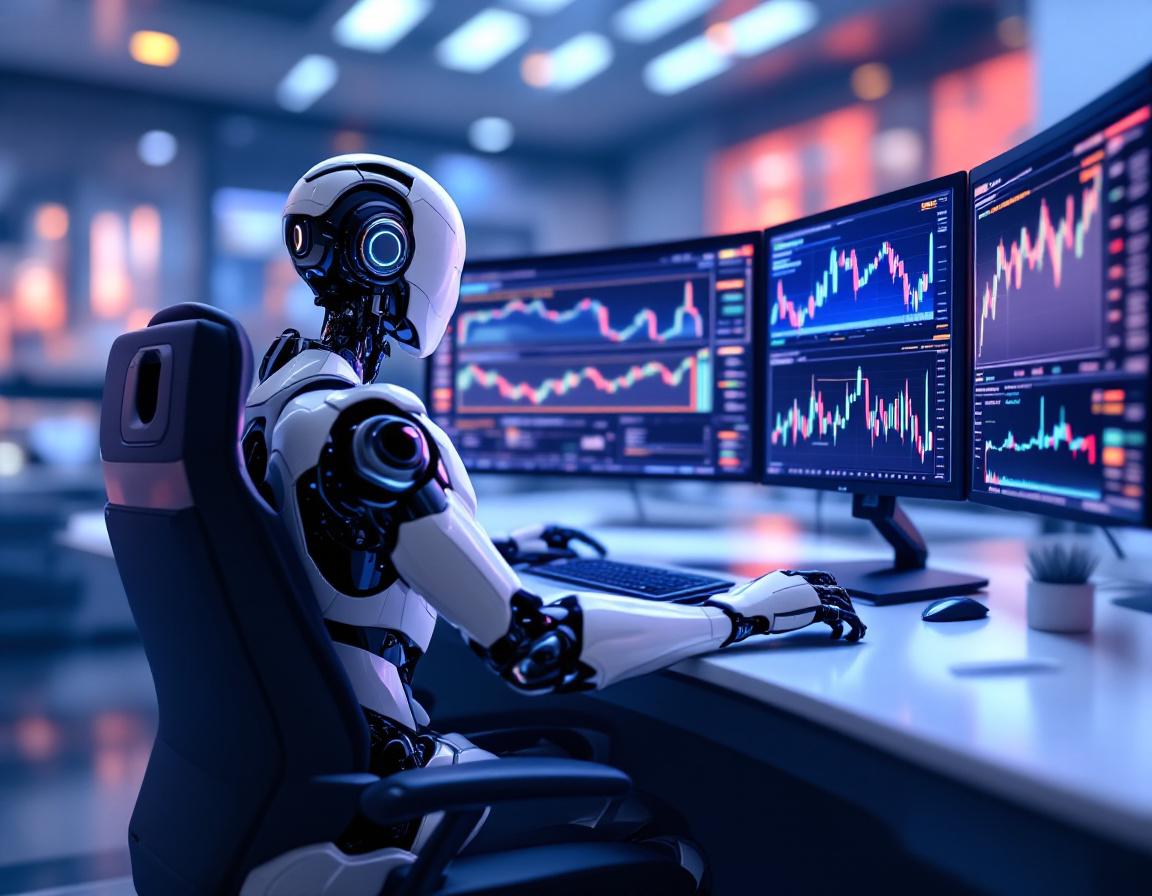 A hyper-realistic AI trading bot operates multiple screens in a futuristic financial environment.