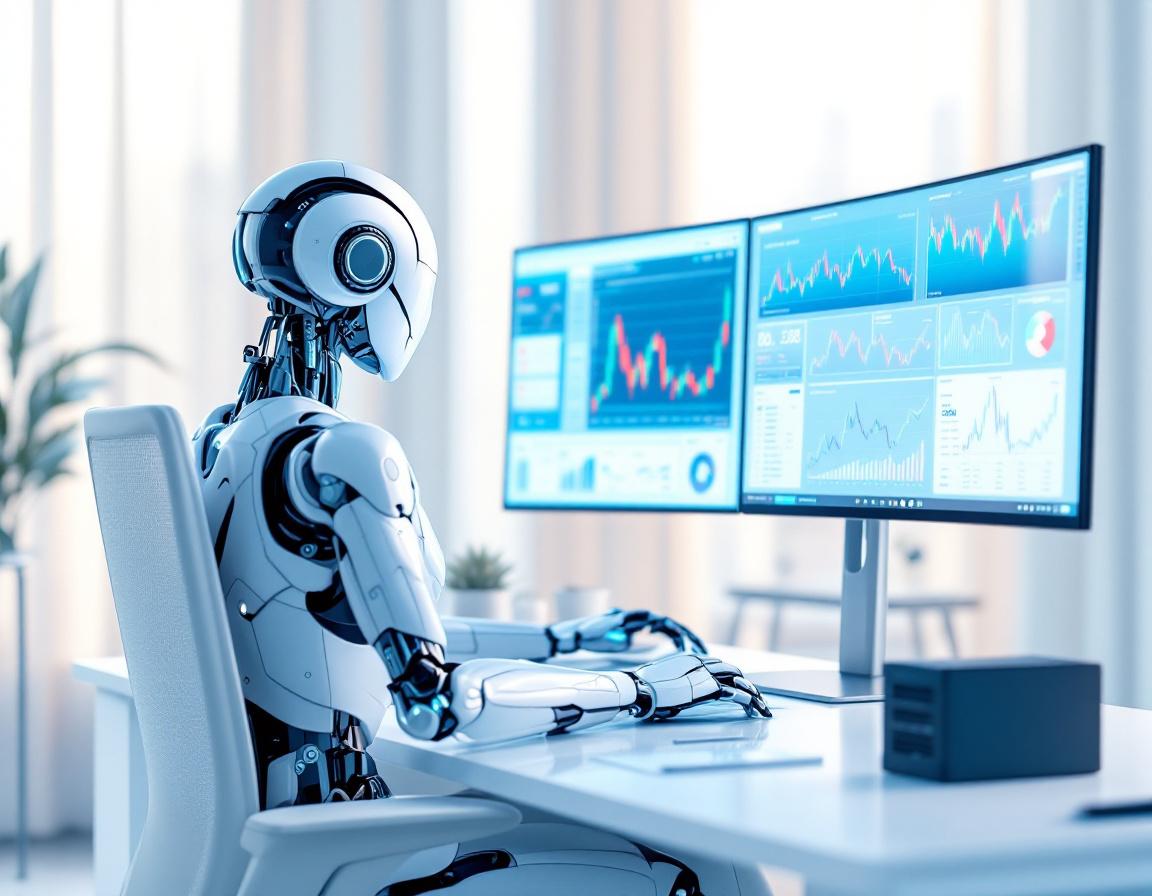 A realistic AI trading bot at a high-tech workstation analyzing market trends on multiple screens.