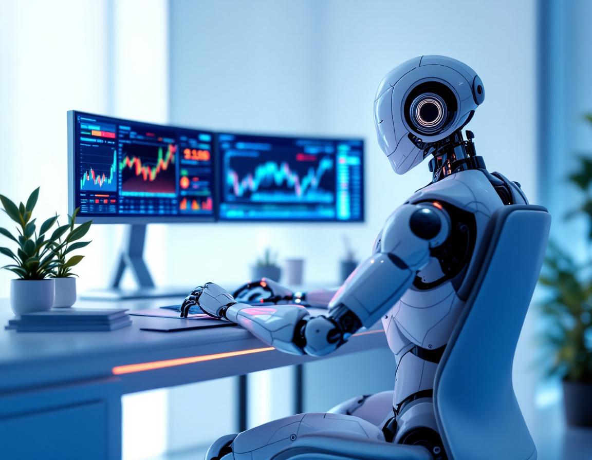 A humanoid AI trading bot at a workstation, analyzing market data with multiple digital screens.