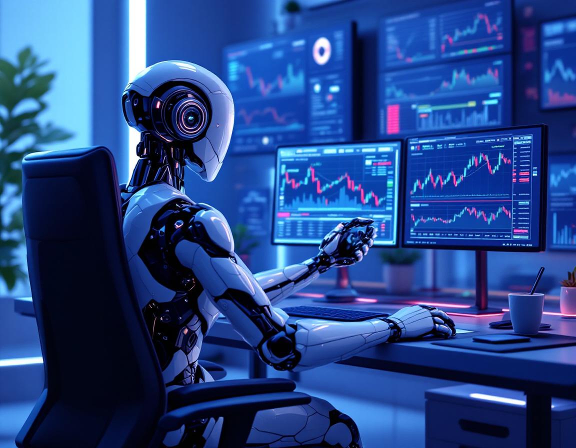 A futuristic AI trading bot analyzes market data at a high-tech workstation, surrounded by screens.