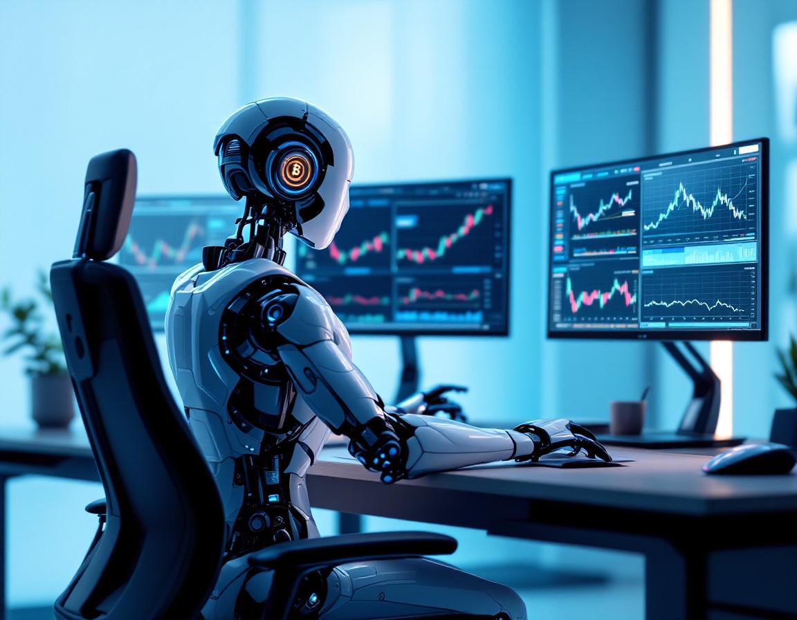 A humanoid AI trading bot at a workstation analyzes data on screens showing stock and crypto trends.