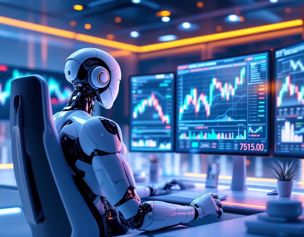 A hyper-realistic AI trading bot analyzes market data at a sleek workstation with multiple screens.