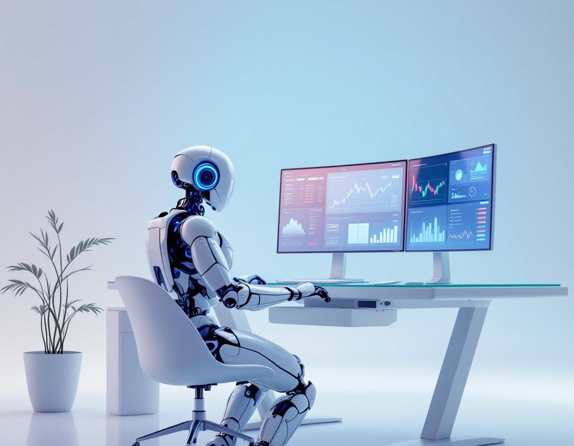 A humanoid AI trading bot at a futuristic workstation analyzing stock and crypto market data.