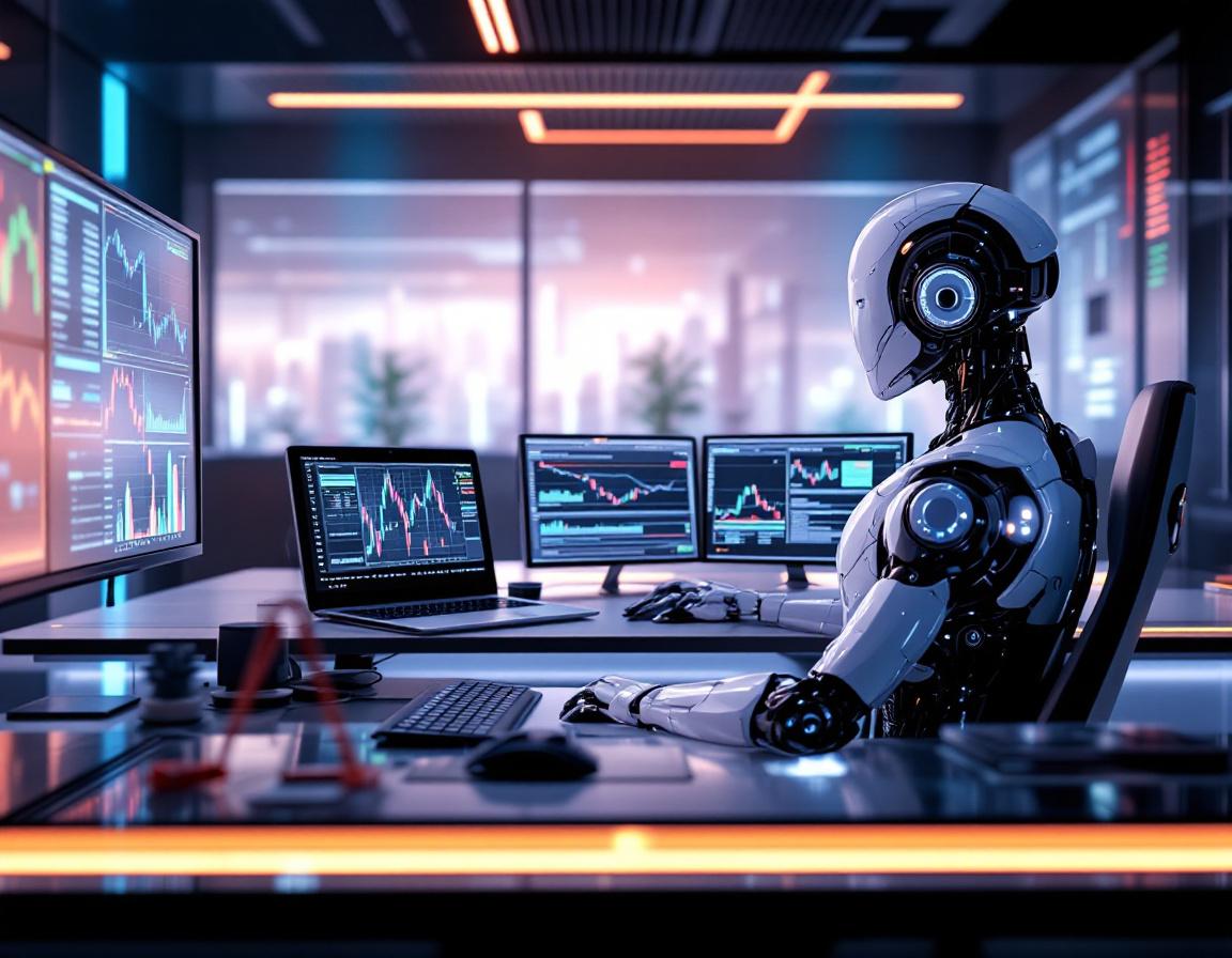 A hyper-realistic AI trading bot in a futuristic workspace analyzing stock and crypto market data.