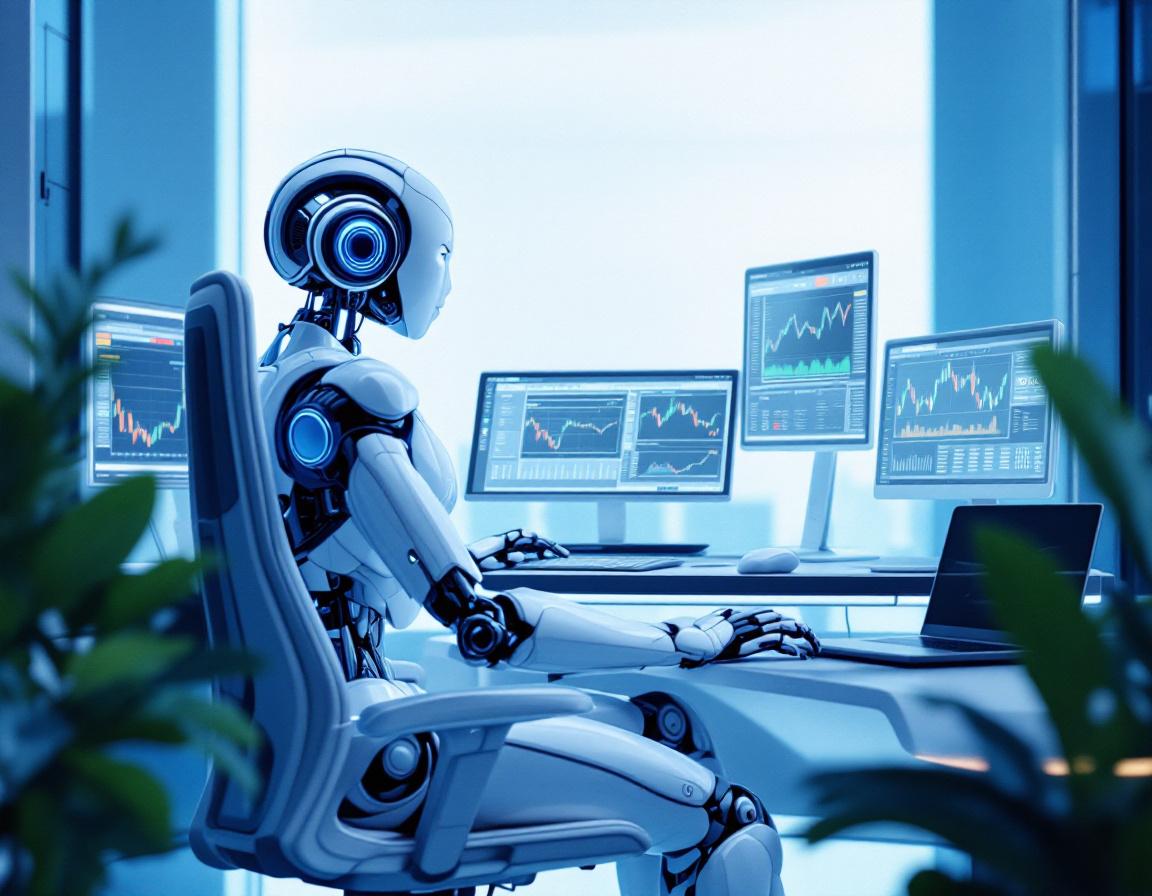 A sleek, humanoid AI trading bot at a high-tech workstation analyzing data on multiple screens.