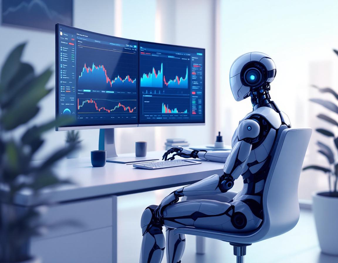 A humanoid AI trading bot at a high-tech workstation analyzing market data across multiple screens.